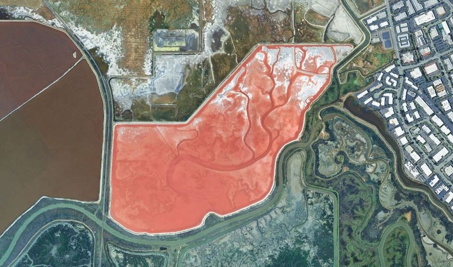 Aerial map with a large red highlighted coastal wetland area beside roads and water channels