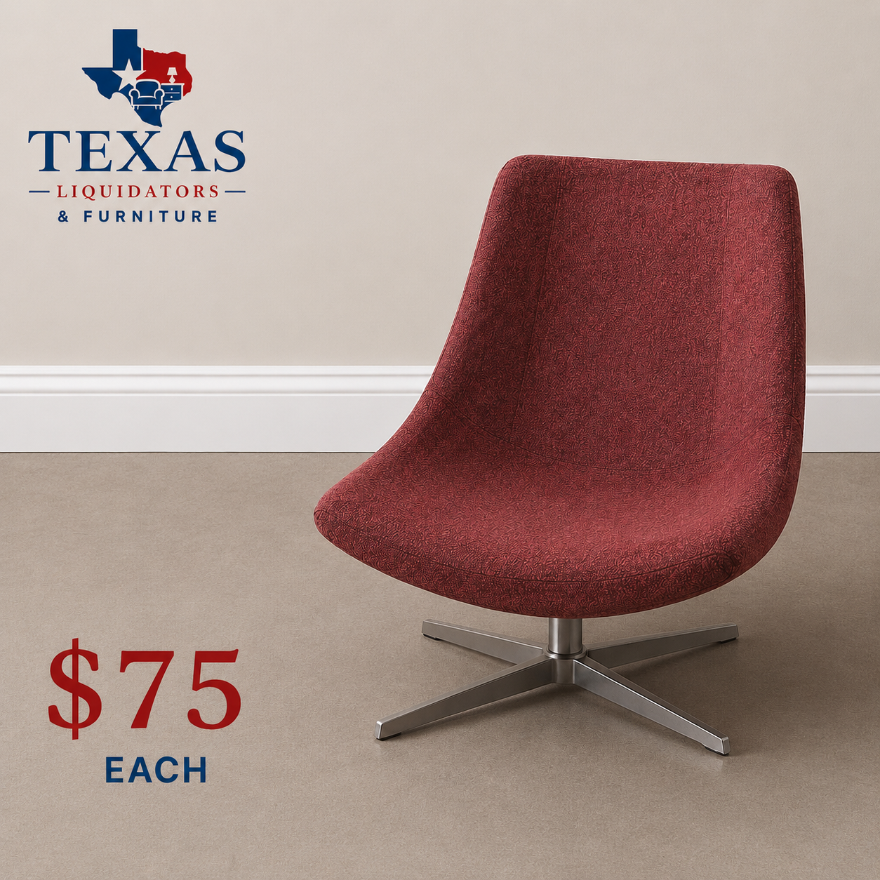 Texas Furniture chair ad: red chair on gray base, priced at $75 each.