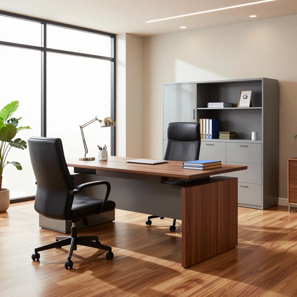 Office furniture display with a desk, chair, and storage cabinet.