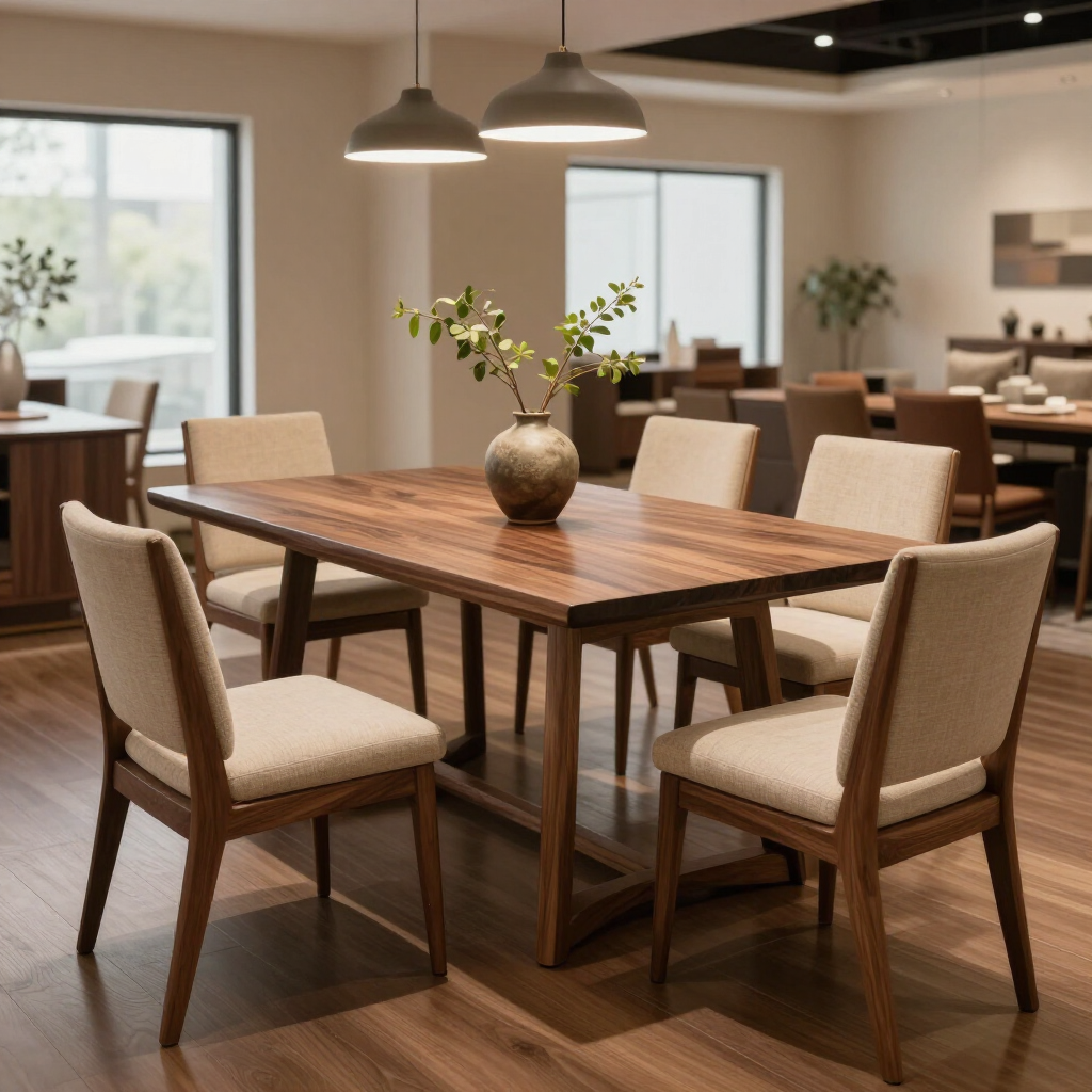 Dining room table and chairs arranged in a furniture showroom.
