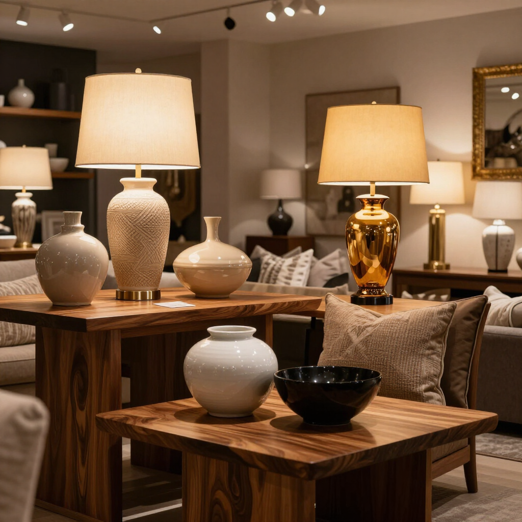 Accent furniture and home accessories styled in a showroom.