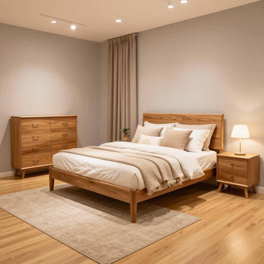 Bedroom furniture display with a bed frame, dresser, and nightstand.