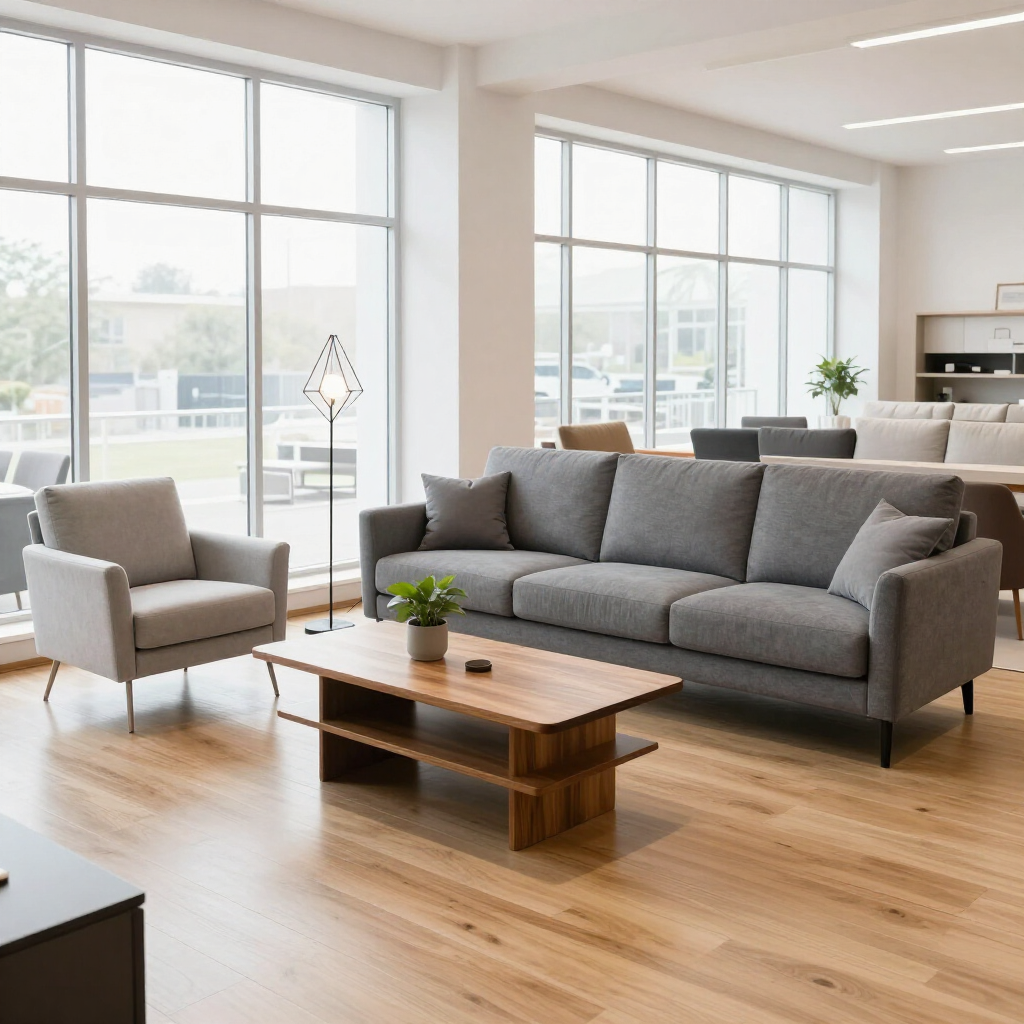 Modern living room furniture display with a sofa and accent chairs in a showroom.