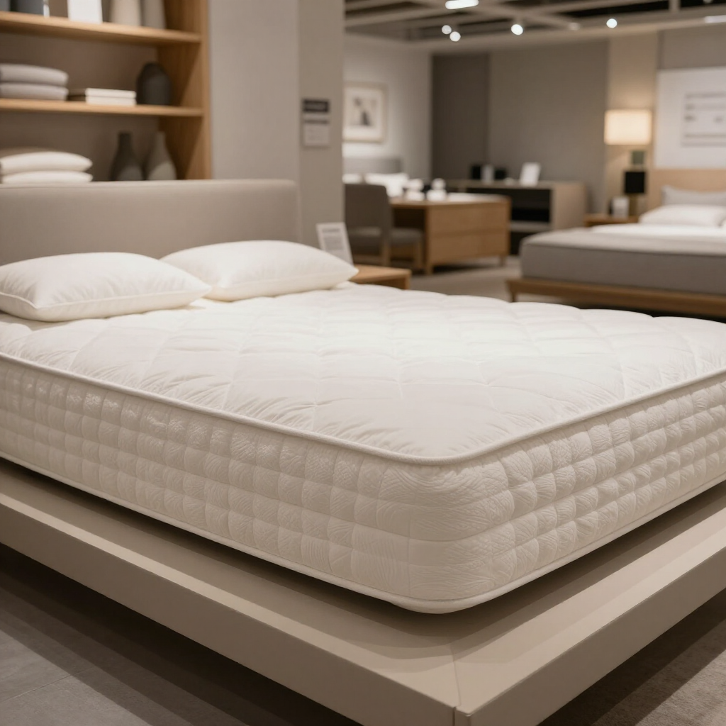 Comfortable mattress display with clean bedding in a showroom.