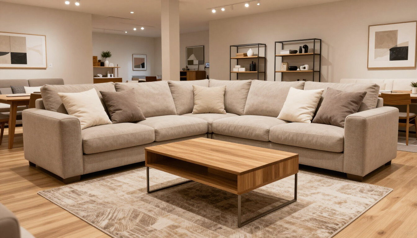 A stylish living room furniture display with a sectional sofa, coffee table, and rug in a showroom.