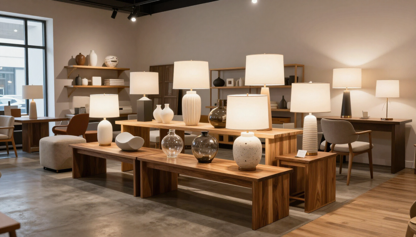 Home accessories and accent furniture arranged in a furniture store display.