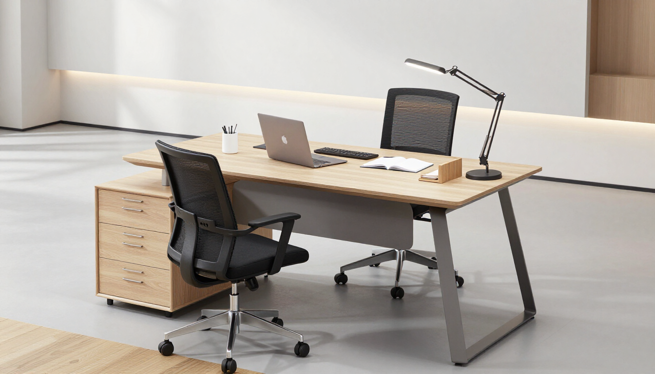 An office furniture setup with a desk, chair, and storage pieces in a showroom.