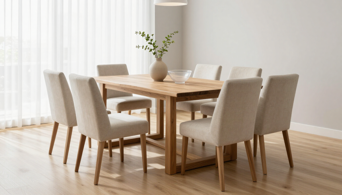 A dining room furniture collection with a table and chairs arranged in a showroom.