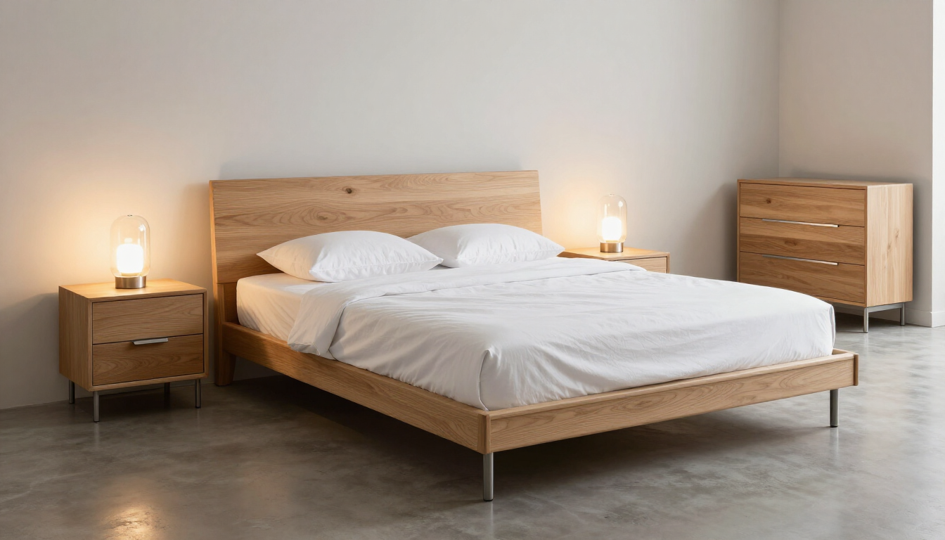 A bedroom furniture display featuring a bed, dresser, and nightstands in a showroom setting.