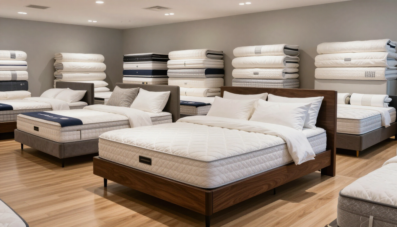 A mattress showroom display with several mattresses and a premium bed setup.