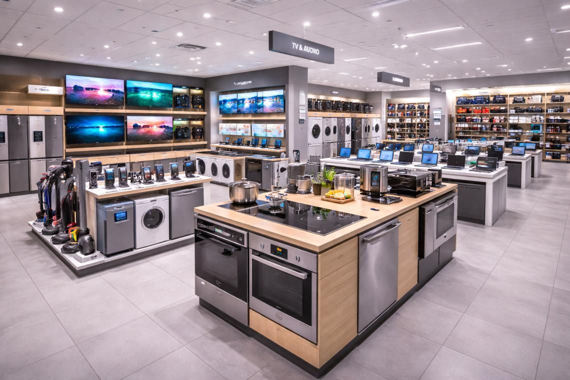Modern appliance showroom with ovens, stoves, refrigerators, and TVs displayed on bright white floors