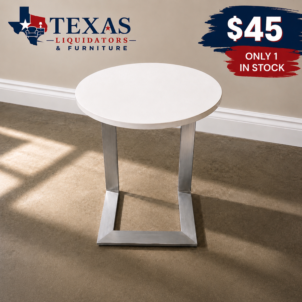 White round side table with metal base in a furniture store, priced at $45