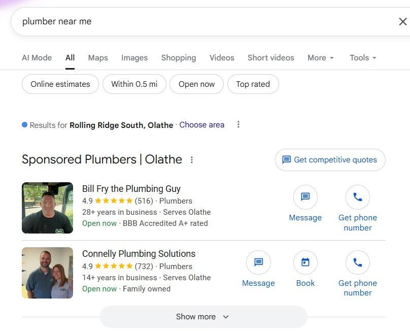 plumber google local service ads screenshot