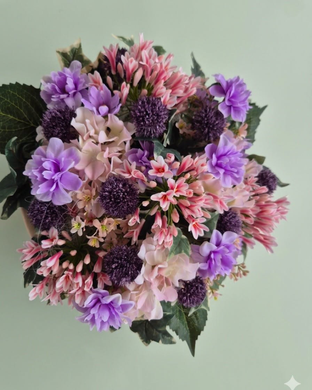 Bouquet di fiori viola, rosa e bianchi con foglie verdi su uno sfondo chiaro
