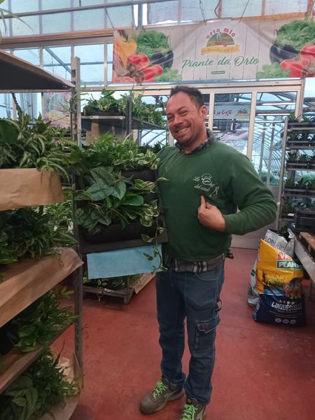 Uomo sorridente con una maglietta verde in piedi nel corridoio di un vivaio, tra piante rigogliose e scaffali.