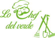 Logo verde con la scritta «Lo Chef del Verde», un cappello da chef e attrezzi da giardinaggio