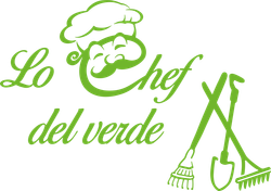 Logo verde con la scritta «Lo Chef del Verde», un cappello da chef e attrezzi da giardinaggio