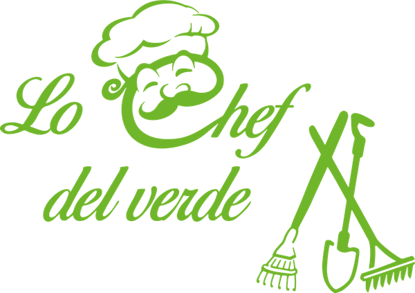 Logo verde con la scritta «Lo Chef del Verde», un cappello da chef e attrezzi da giardinaggio