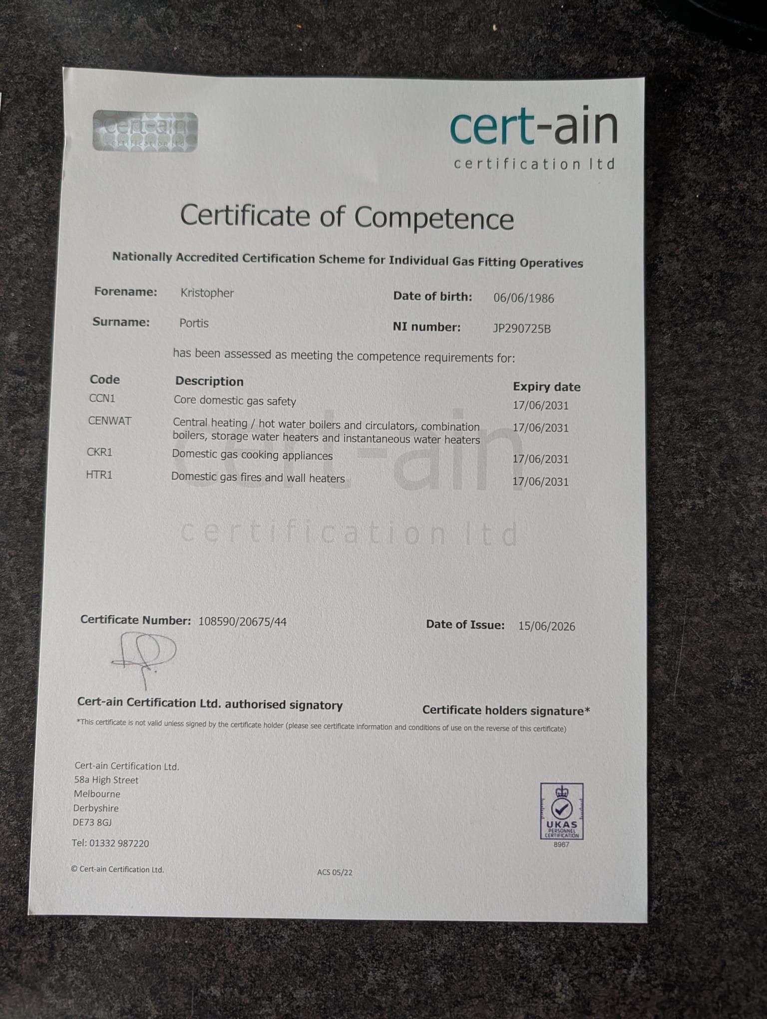 Certificate of Competence for gas fitting operatives