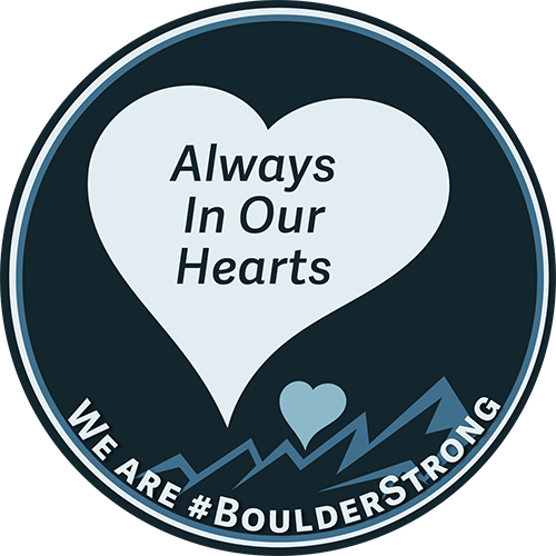 Memorial heart logo with “Always In Our Hearts” and “We Are #BoulderStrong” on dark background