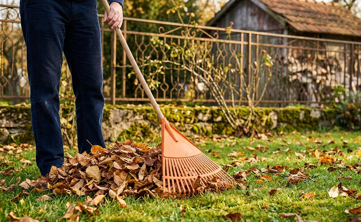 Person raking autumn leaves in a yard beside a rustic house