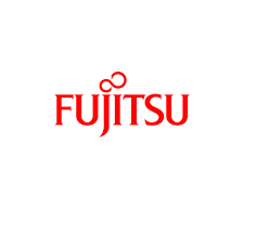 Fujitsu logo in red, featuring infinity symbol over the