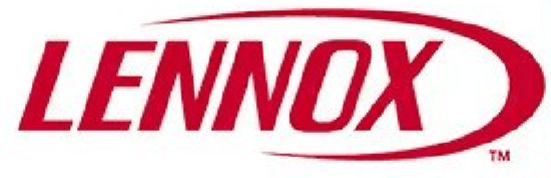 Lennox logo in red text with a red curved line around it; a