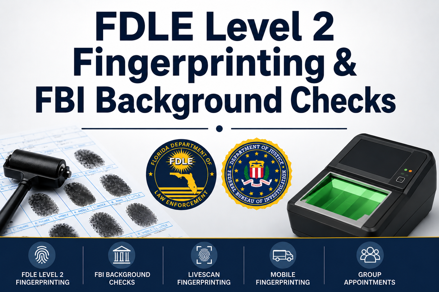 FDLE Level 2 fingerprinting and FBI background checks with Live Scan fingerprinting device, ink fingerprint cards, and mobile fingerprinting services by Thumbs Up Fingerprints.