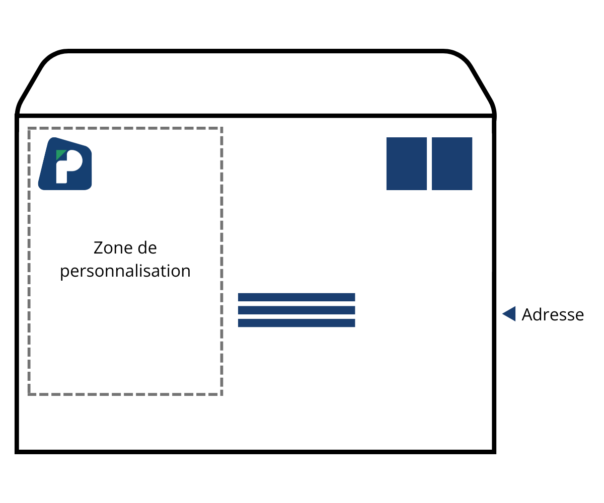 Une enveloppe blanche avec un p bleu dessus.