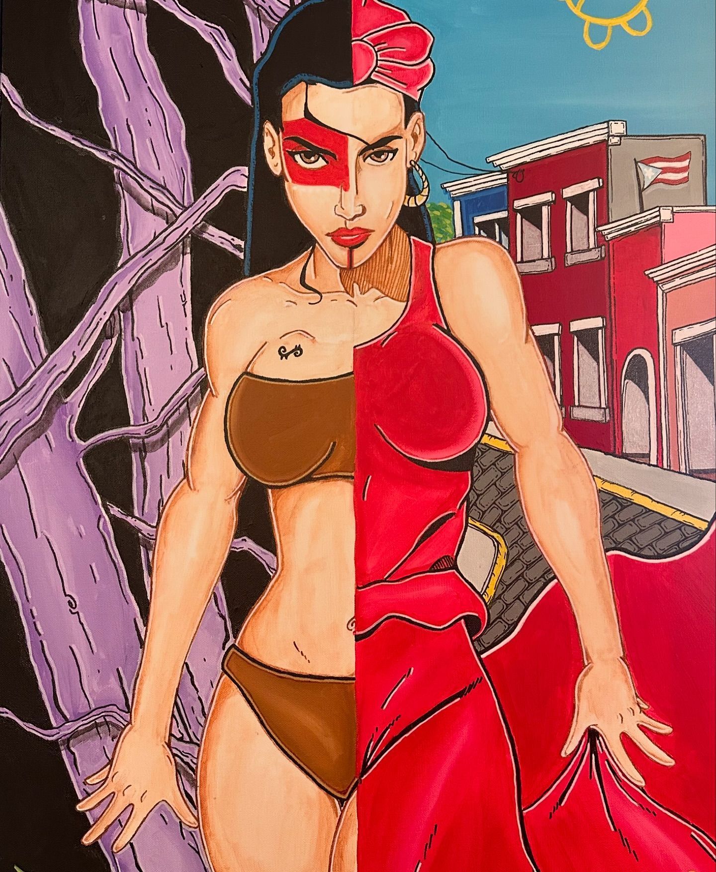 A split-style illustration showing a natural, dark woodland scene on the left and a colorful Puerto Rican city on the right.