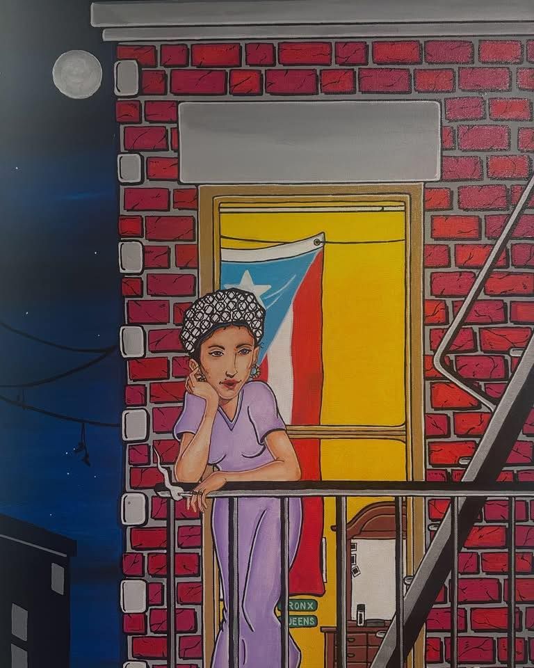 A person in a purple dress and patterned headscarf leans on a fire escape railing against a red brick building at night.