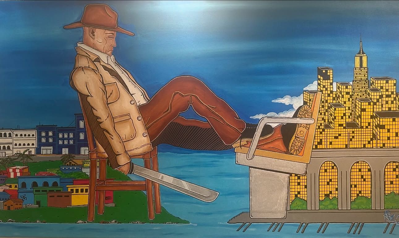 A giant figure in a brown outfit sits on a chair, holding a large blade near a city building set on pillars over water.