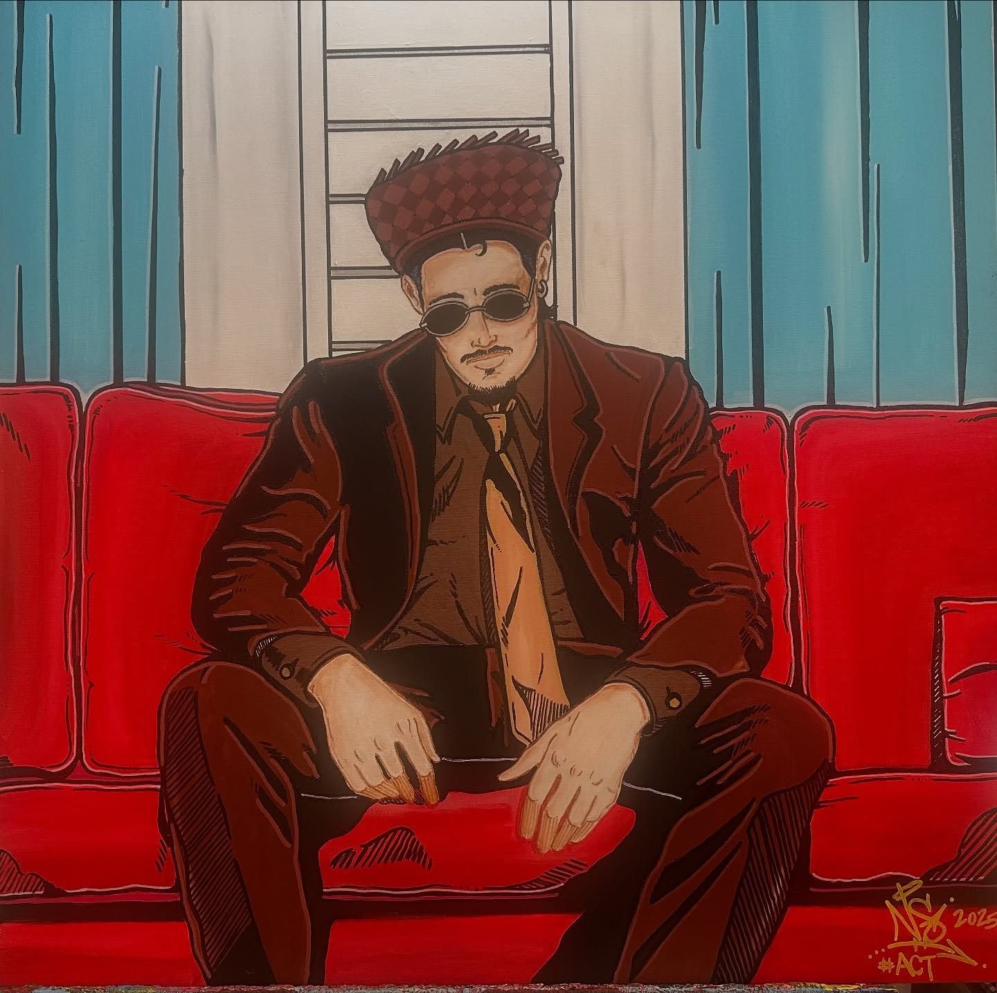 A person wearing a plaid hat, sunglasses, and a brown suit sits on a red sofa in front of blue curtains.