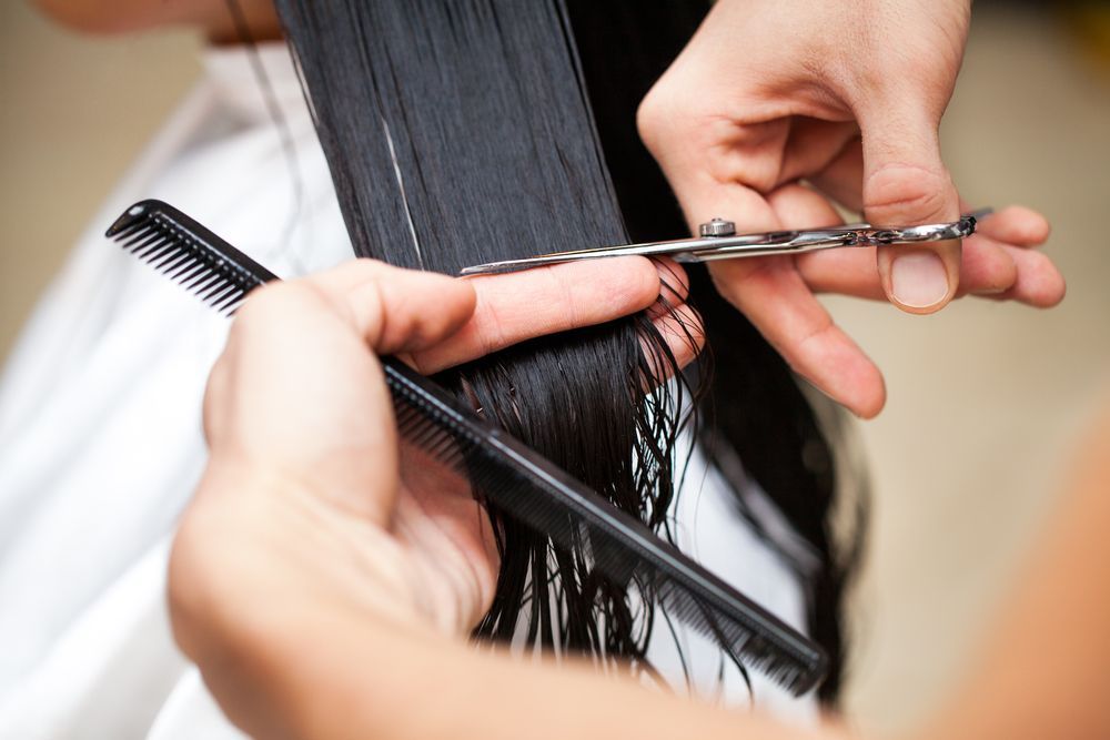 A Woman is Getting Her Hair Cut by a Hairdresser — Amore 'D' Hair Studio In Mudjimba, QLD