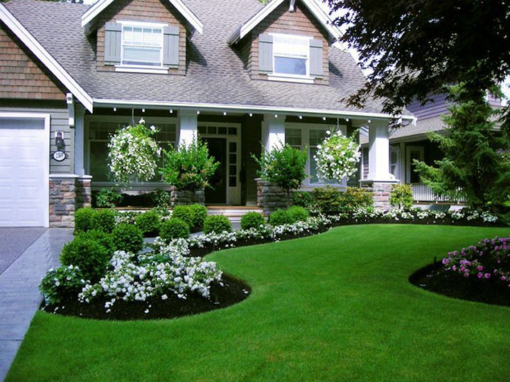 A house with a lush green lawn and flowers in front of it