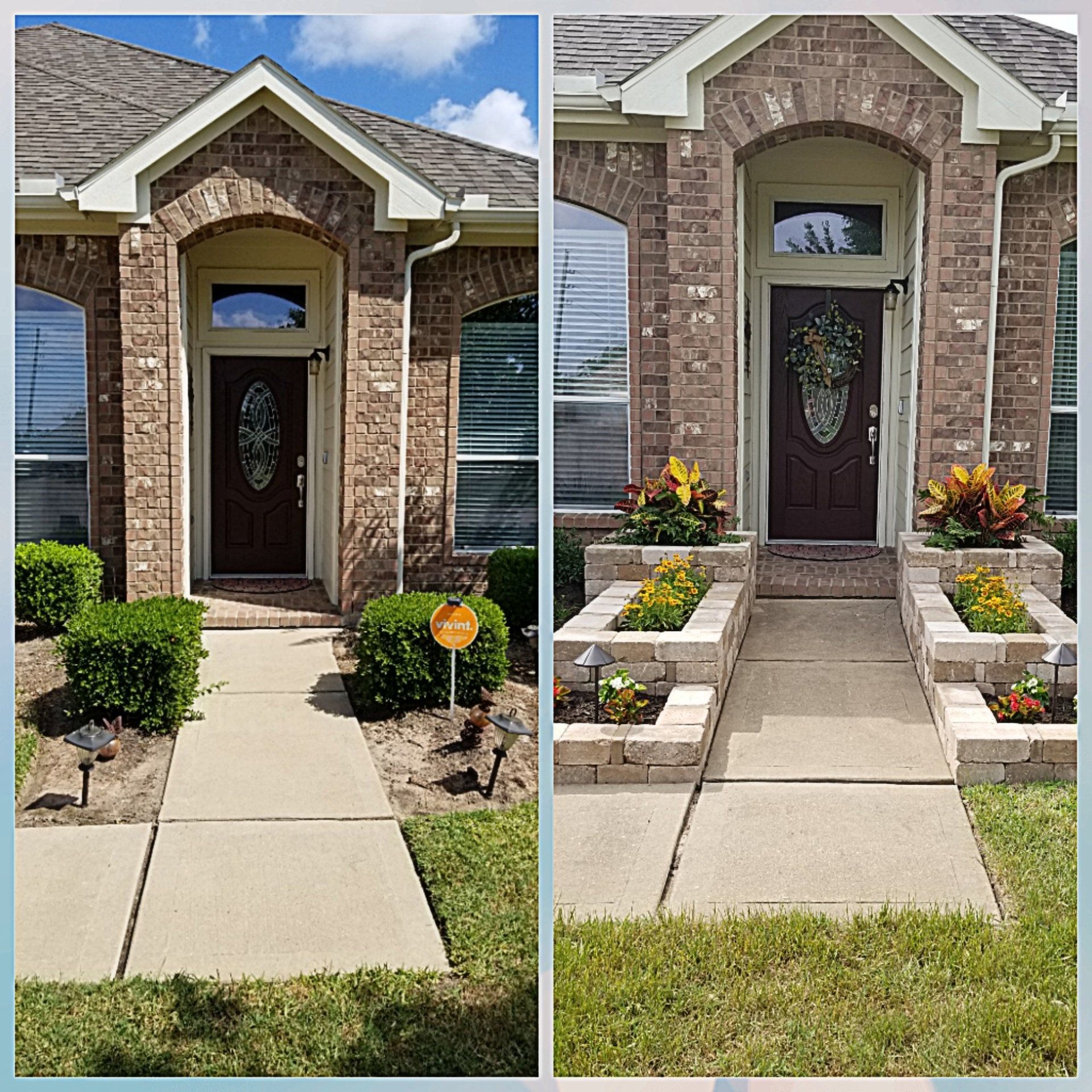 A before and after photo of a brick house with a concrete walkway leading to the front door.
