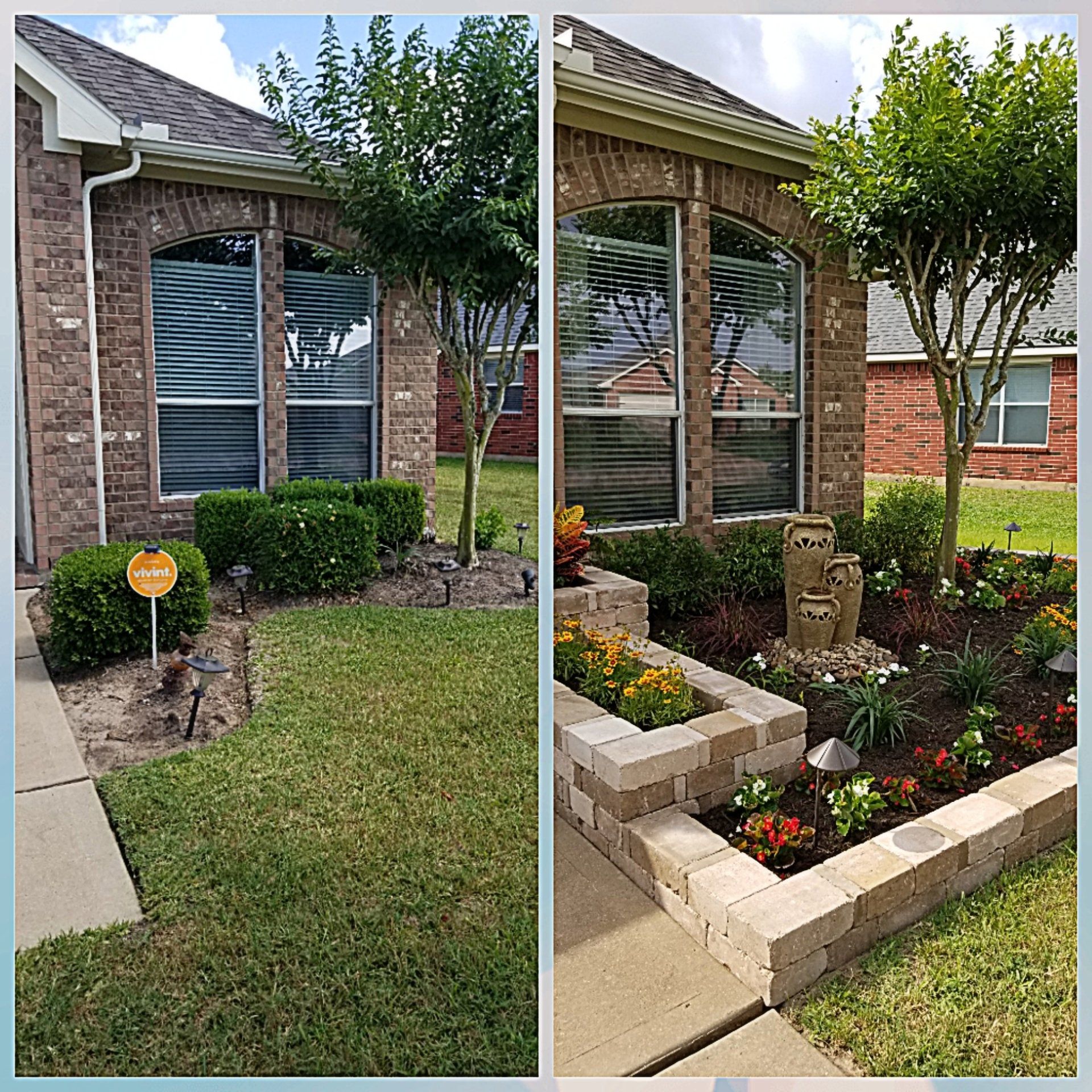 A before and after picture of a garden in front of a house.