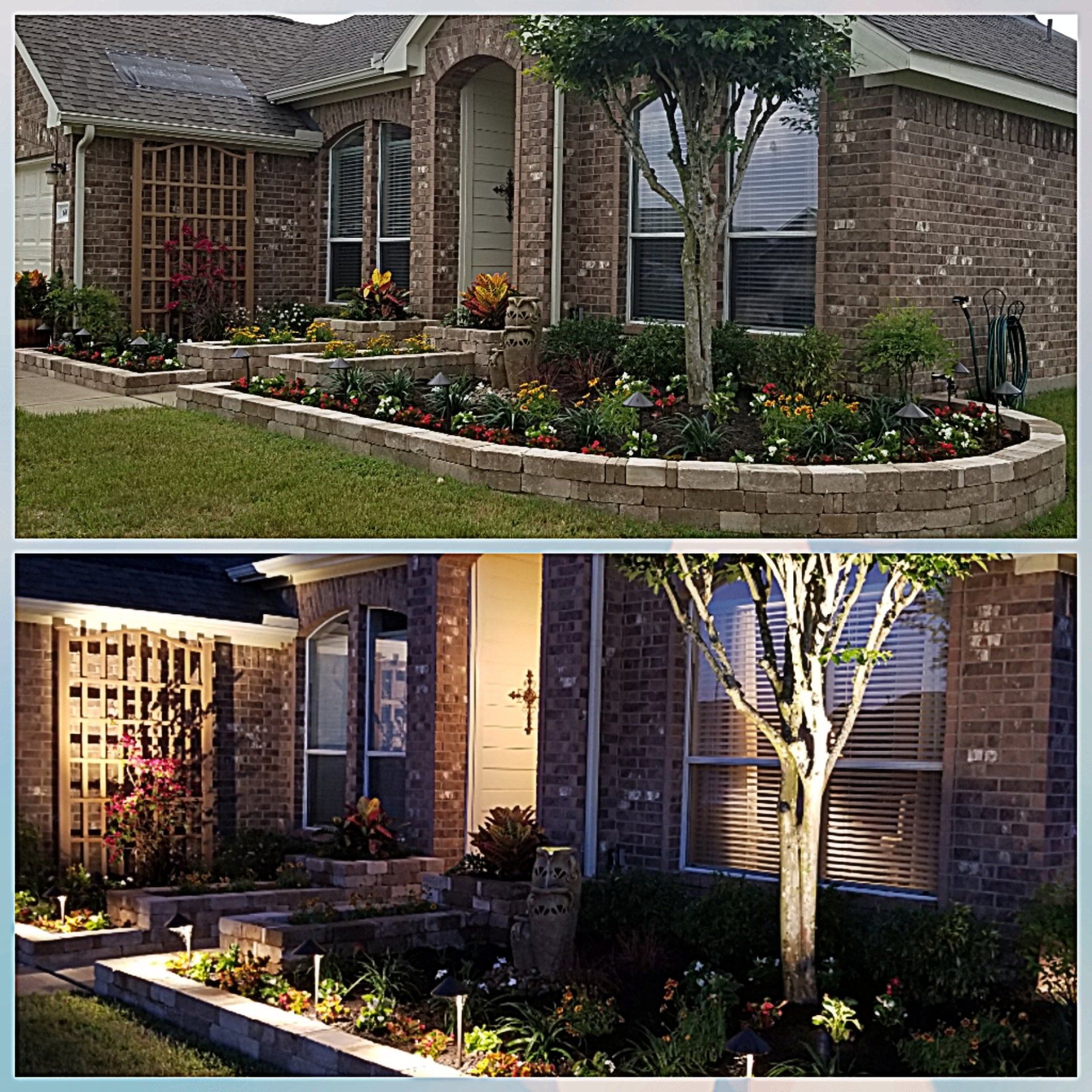 A brick house with a garden in front of it