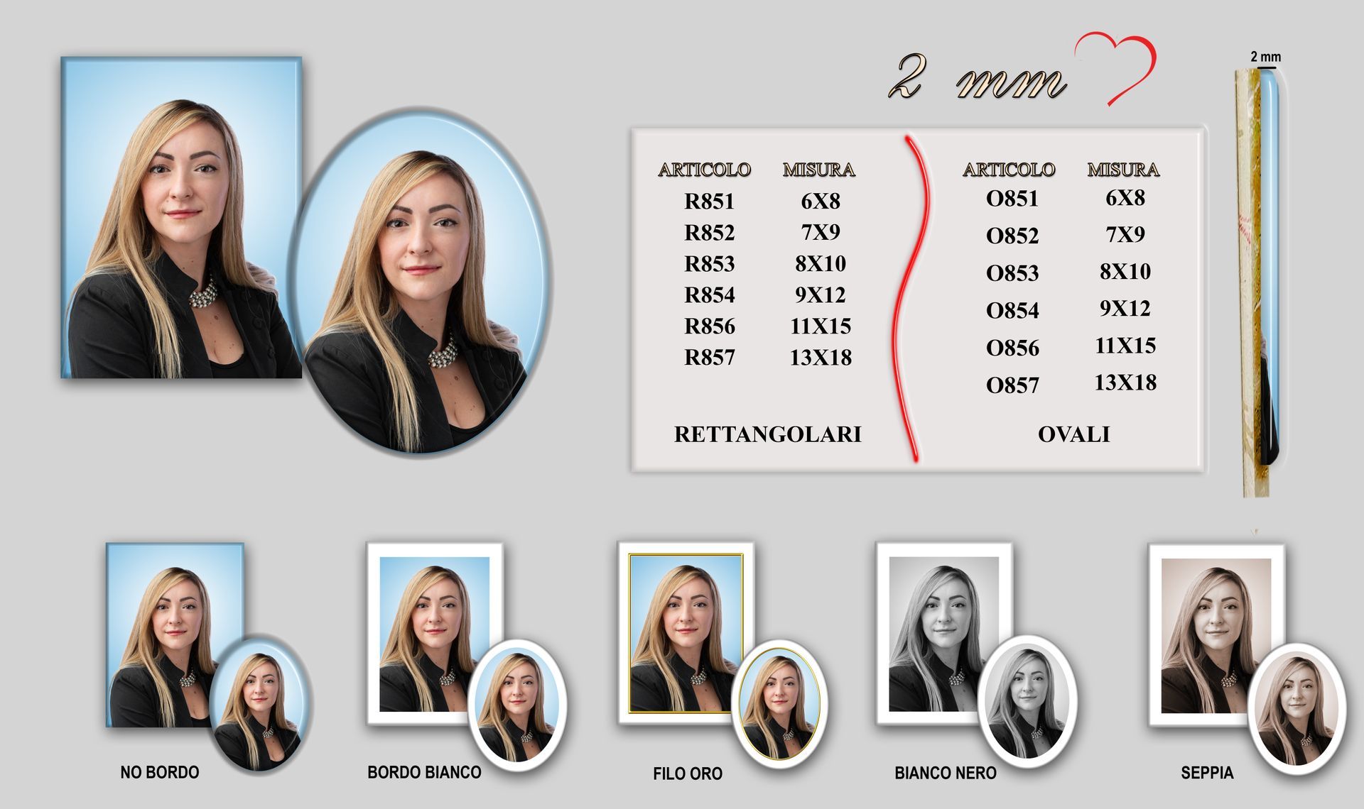 Un'immagine di una donna in varie dimensioni e cornici