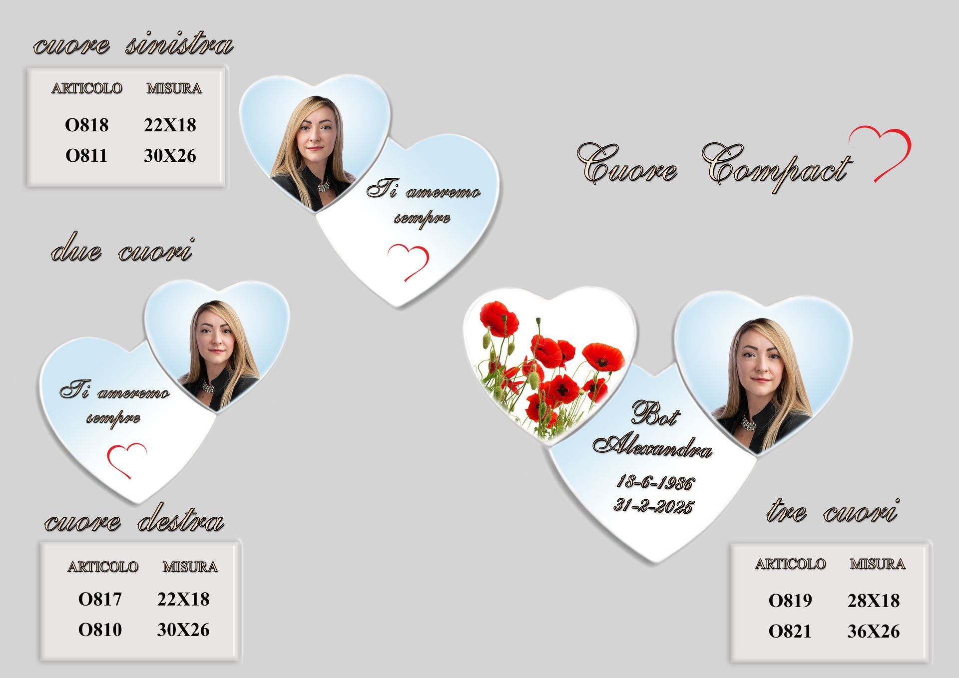 Un set di cuori con l'immagine di una donna su di essi