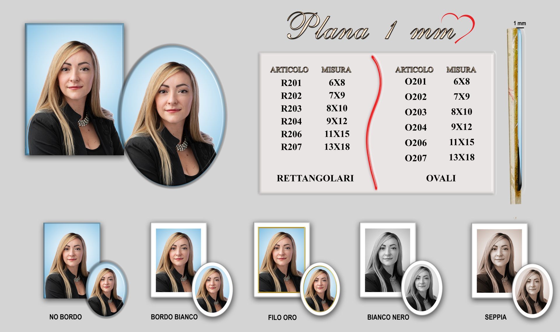 Un'immagine di una donna in varie dimensioni e cornici