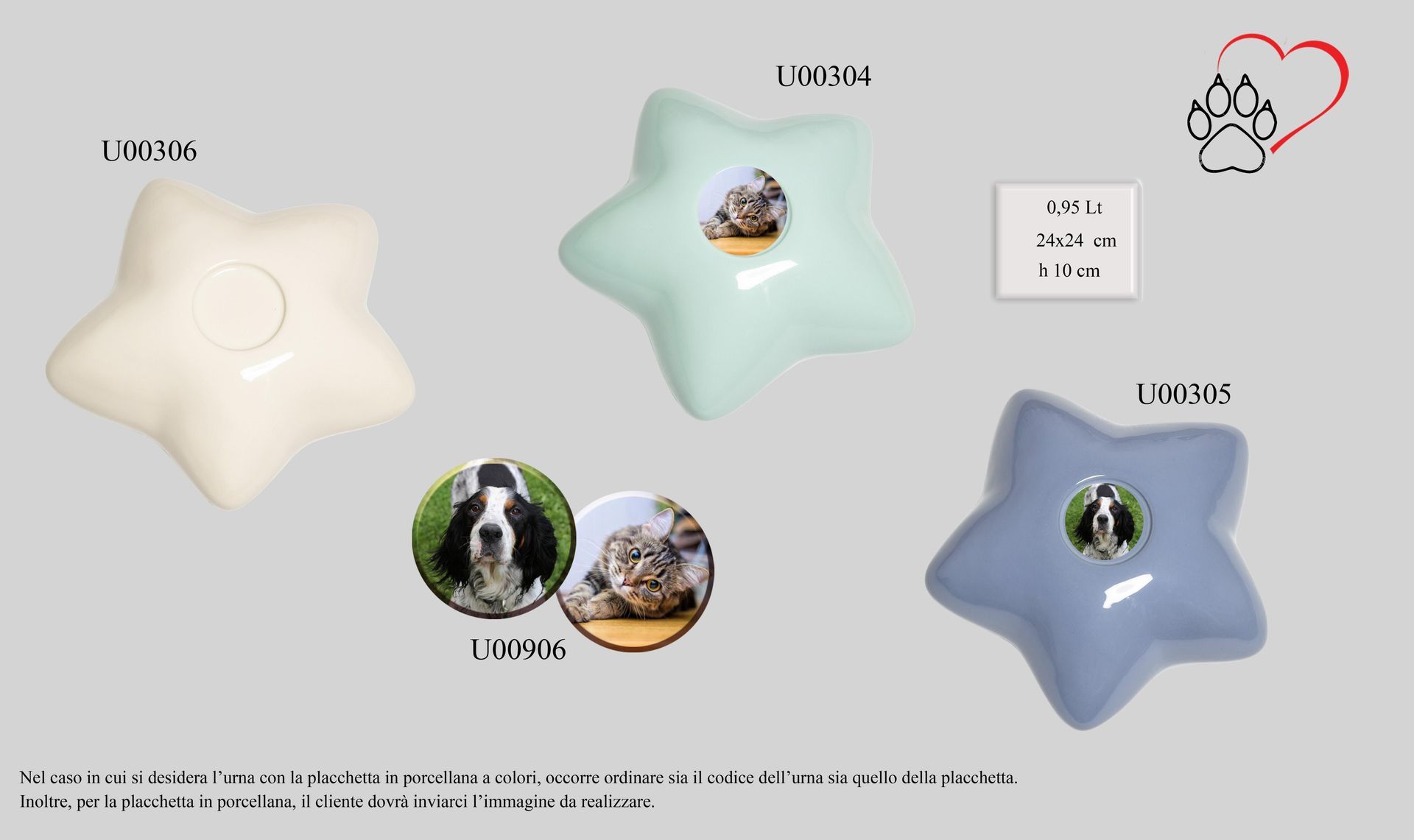 Quattro piatti a forma di stella con sopra raffigurati cani e gatti
