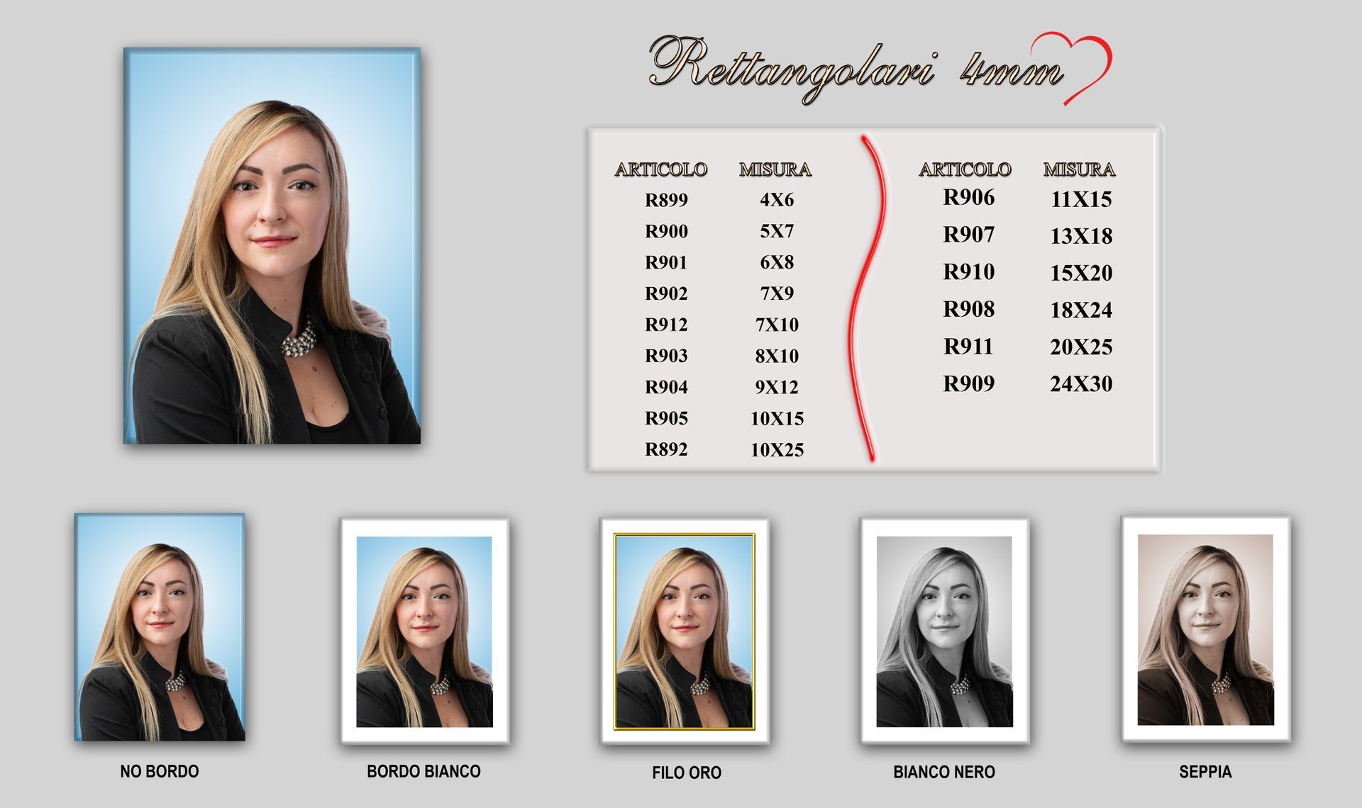 La foto di una donna viene visualizzata in diverse dimensioni.