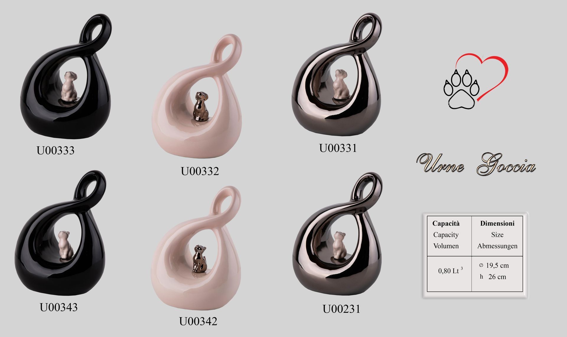 Una collezione di urne in ceramica a forma di infinito in diversi colori