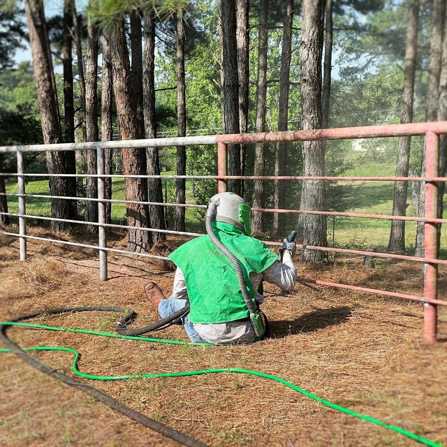 Person in green vest spraying a red fence outdoors in a pine-wooded yard.