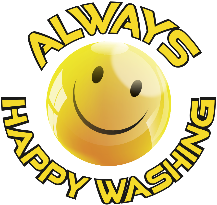 Yellow smiley face logo with the words “Always Happy Washing” in a circular layout.