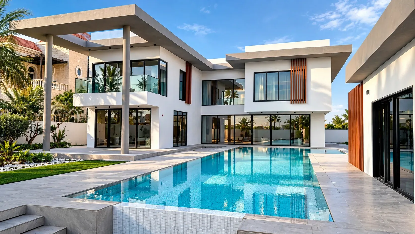 Overflow infinity pool at a luxury villa in Dubai, designed for resort-style outdoor living by Concept Art Decor.