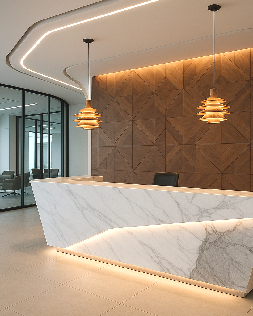 Turnkey office fit-out in Dubai featuring marble reception desk and joinery custom wall finishes