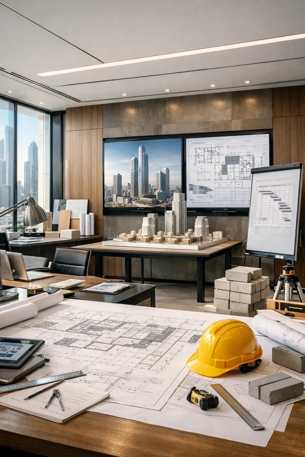 Commercial fit-out execution framework planning in a Dubai office showing architectural coordination and project staging