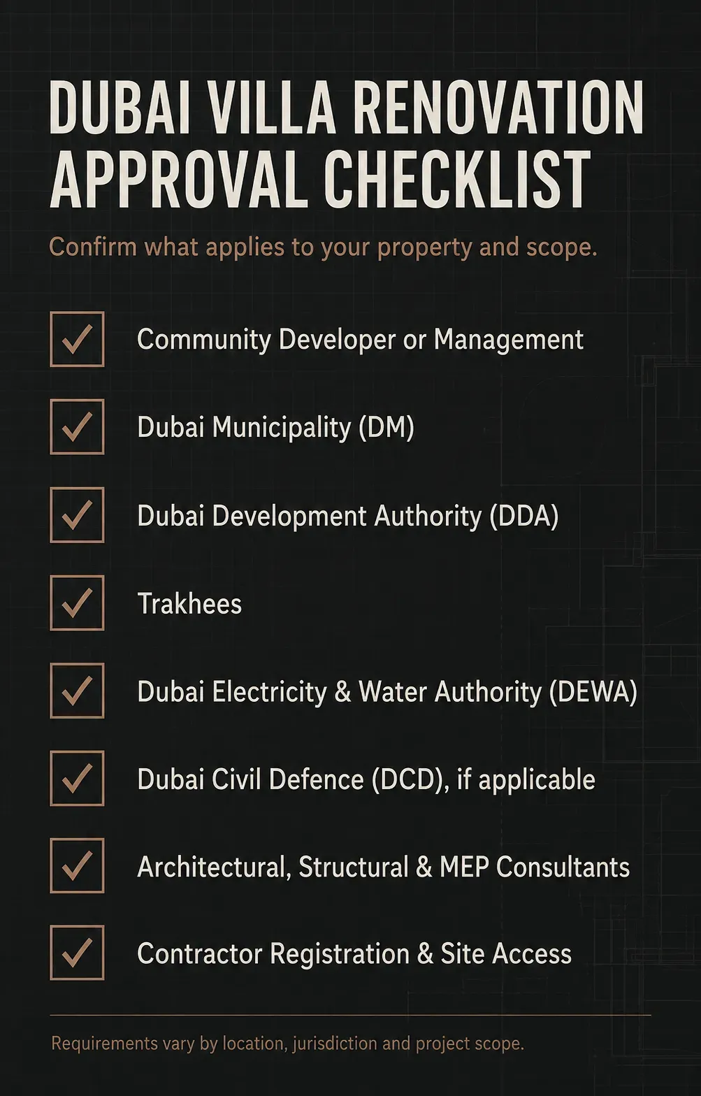 Dubai villa renovation approval checklist covering developer, authority, consultant and contractor requirements